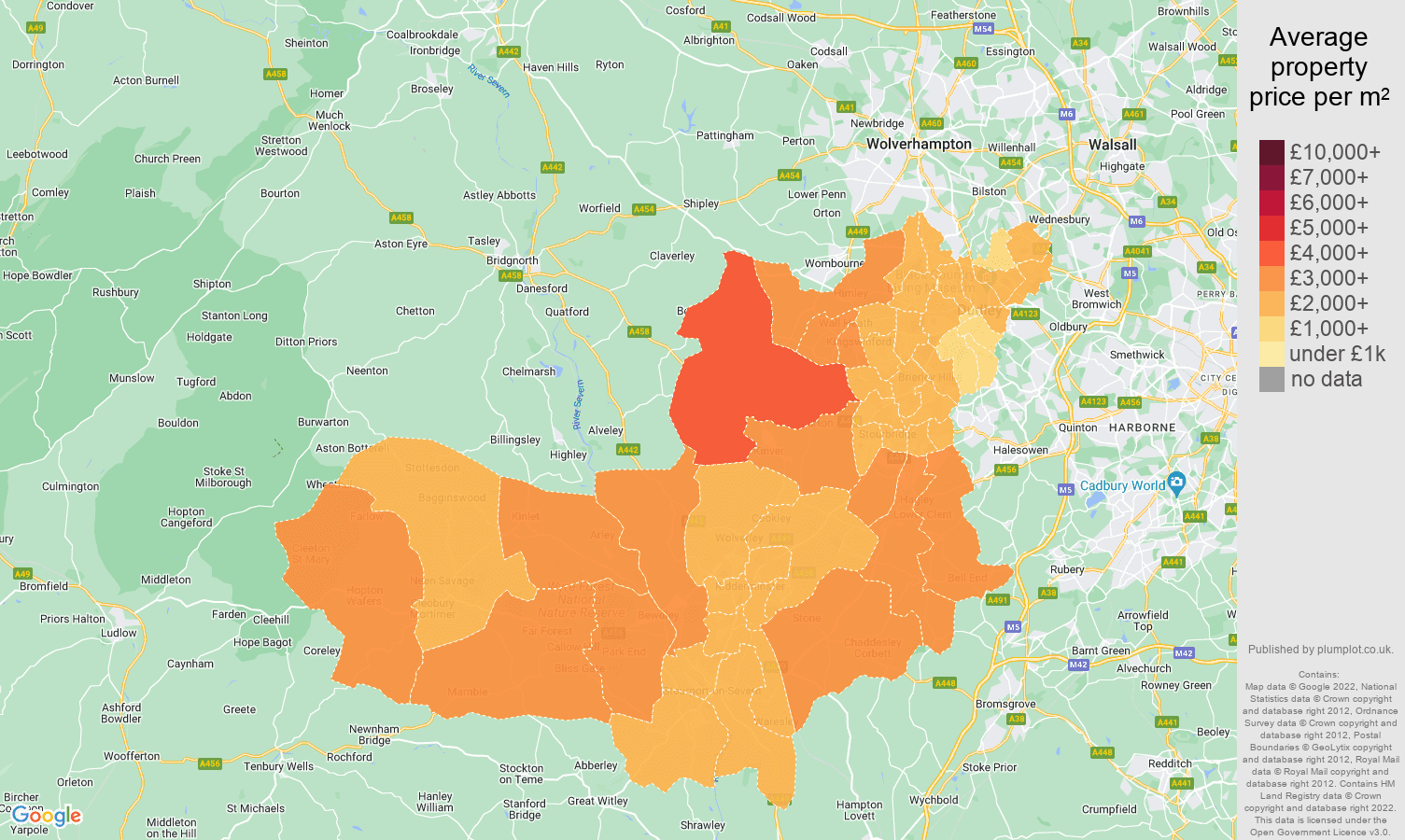 Dudley house prices per square metre map
