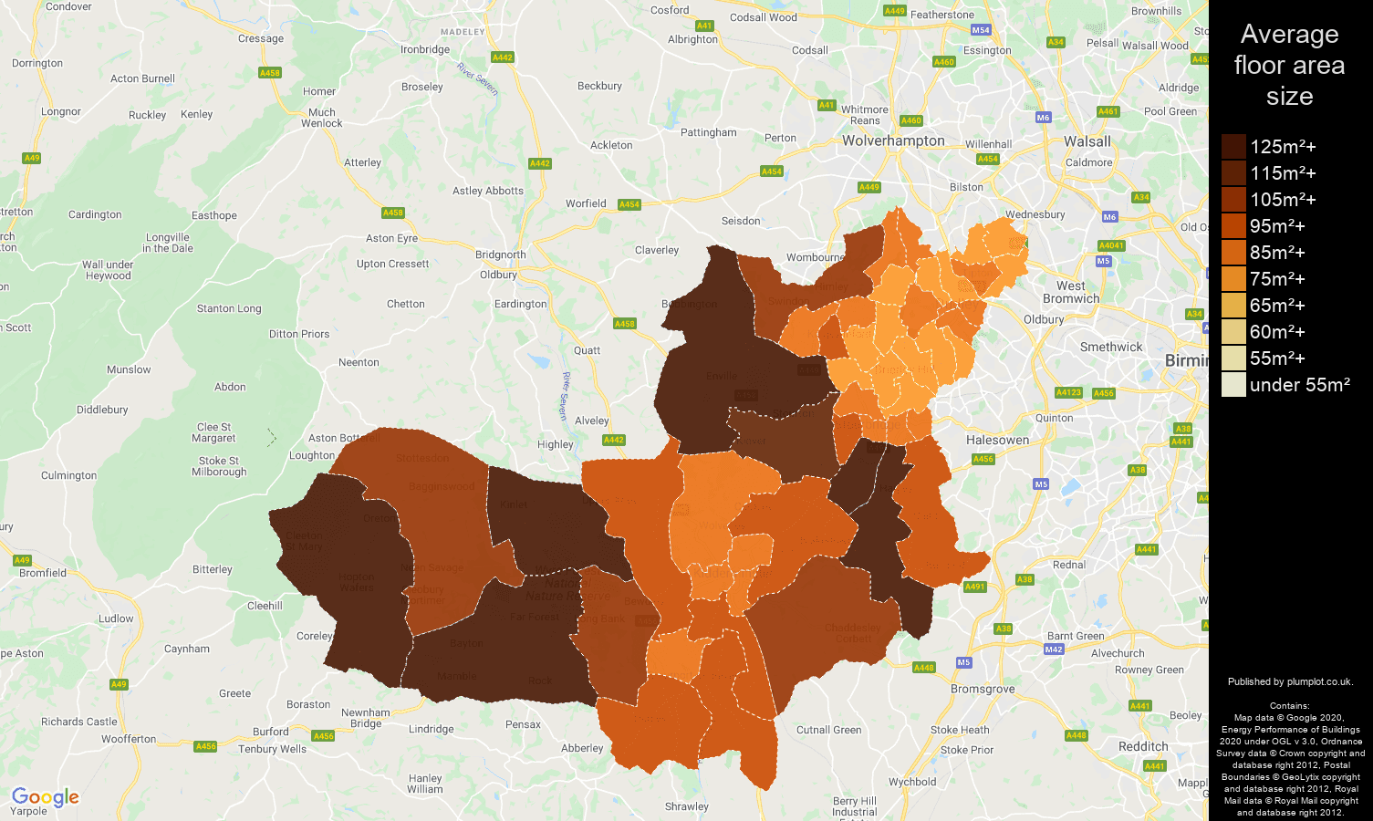 Dudley map of average floor area size of houses
