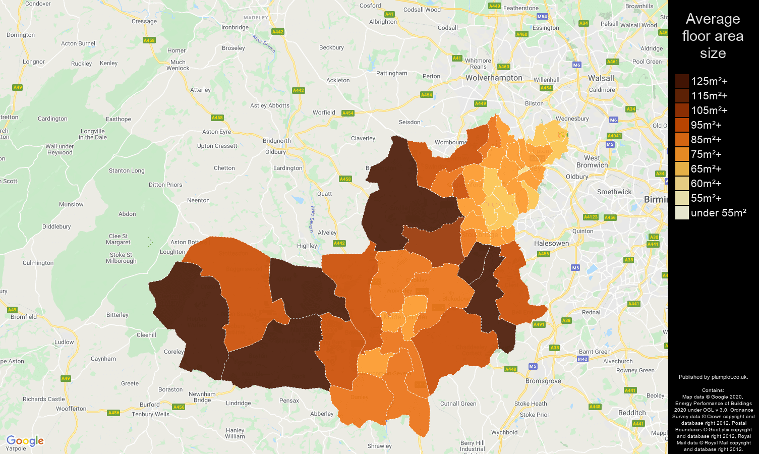 Dudley map of average floor area size of properties