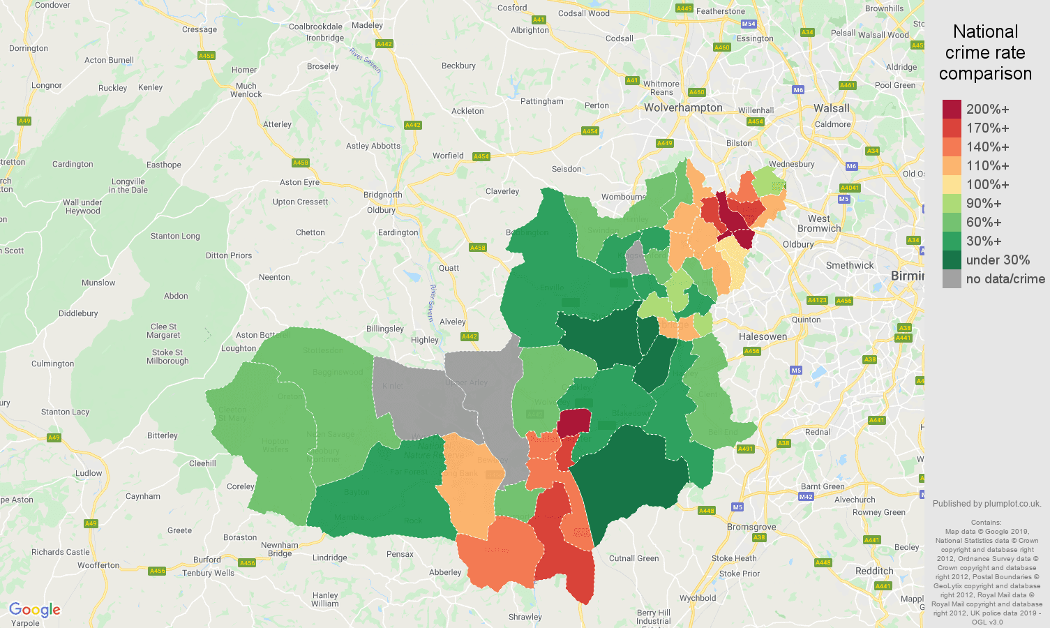 Dudley possession of weapons crime rate comparison map