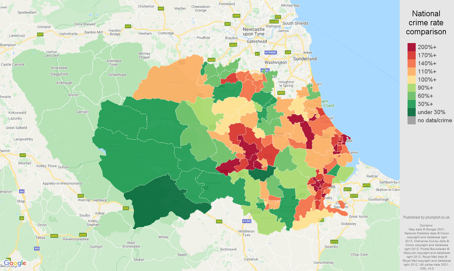 Durham county antisocial behaviour crime rate comparison map