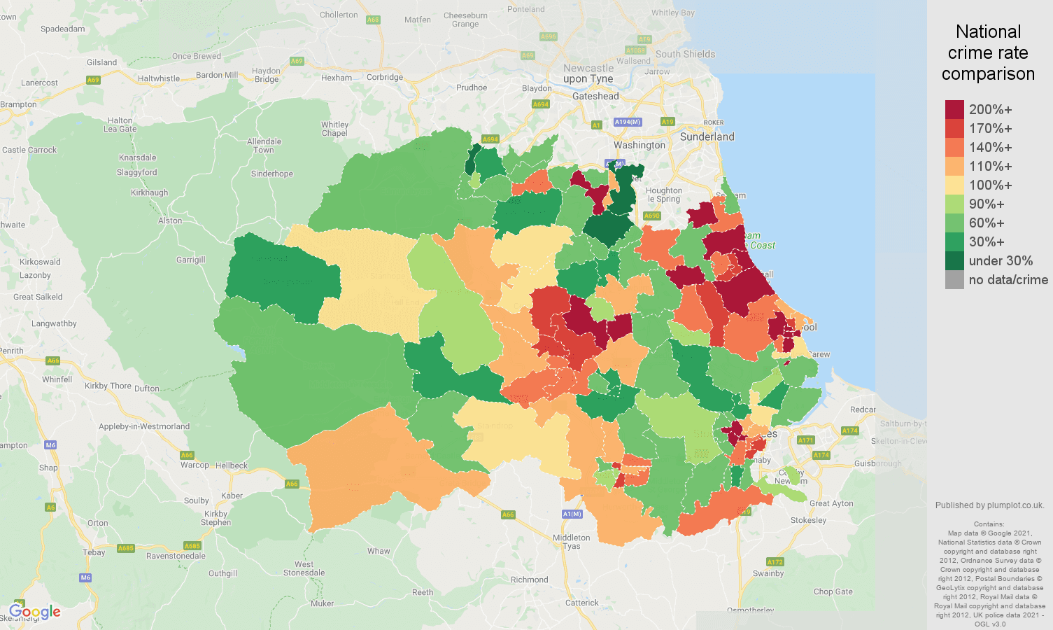 Durham county burglary crime rate comparison map