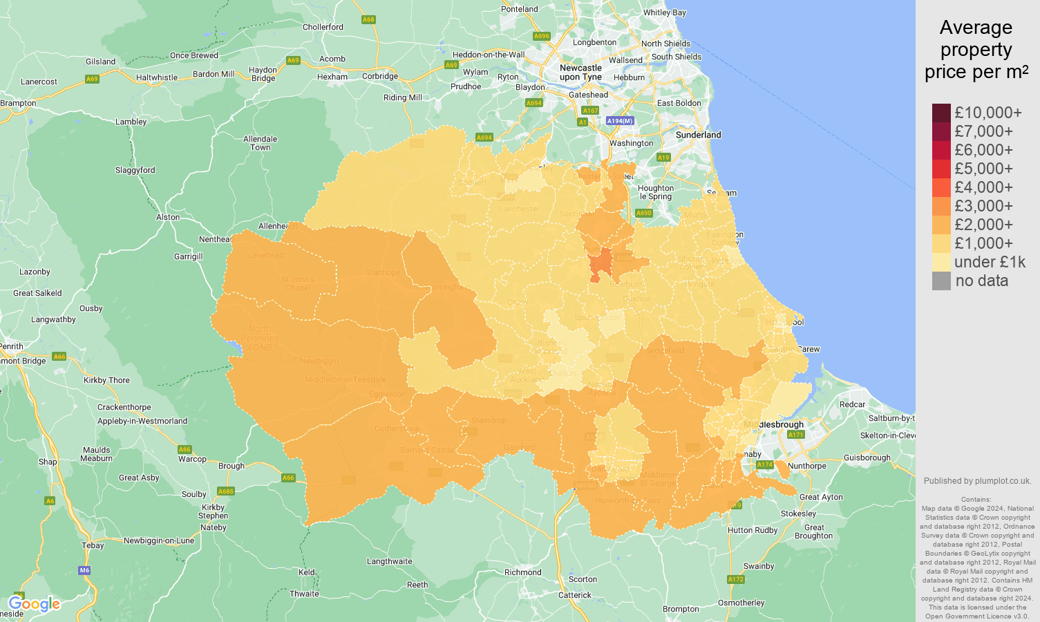 Durham county house prices per square metre map