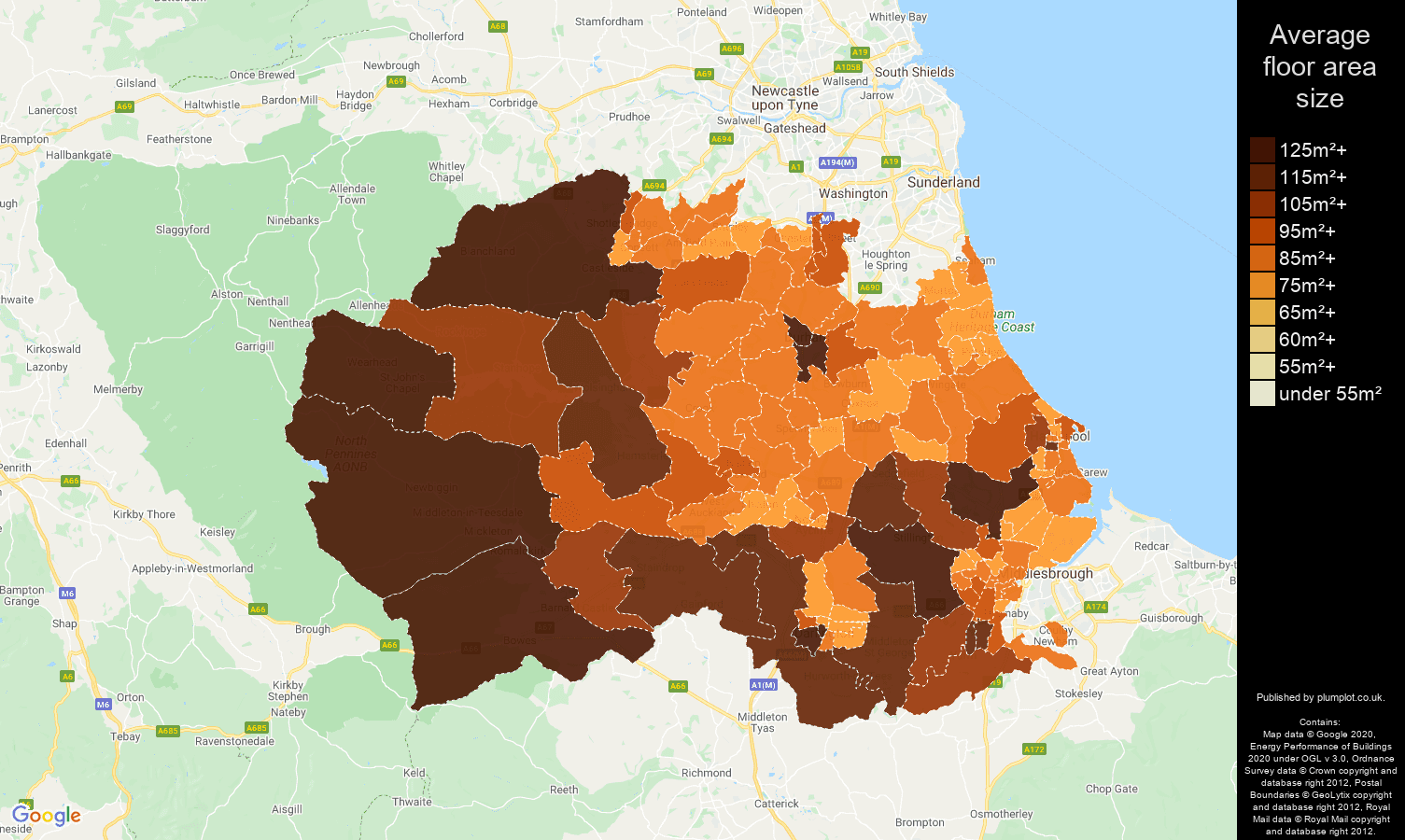 Durham county map of average floor area size of houses