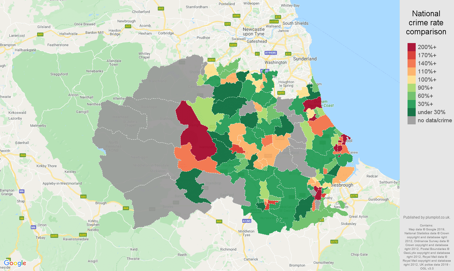 Durham county possession of weapons crime rate comparison map