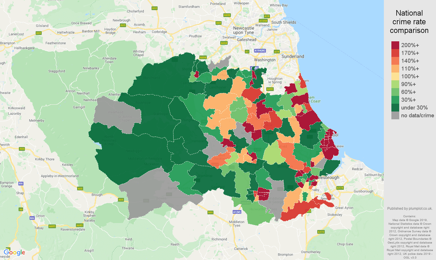 Durham county shoplifting crime rate comparison map