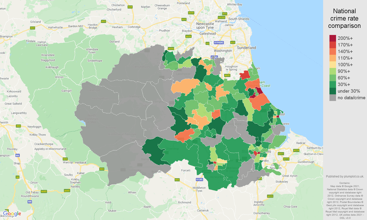 Durham county theft from the person crime rate comparison map