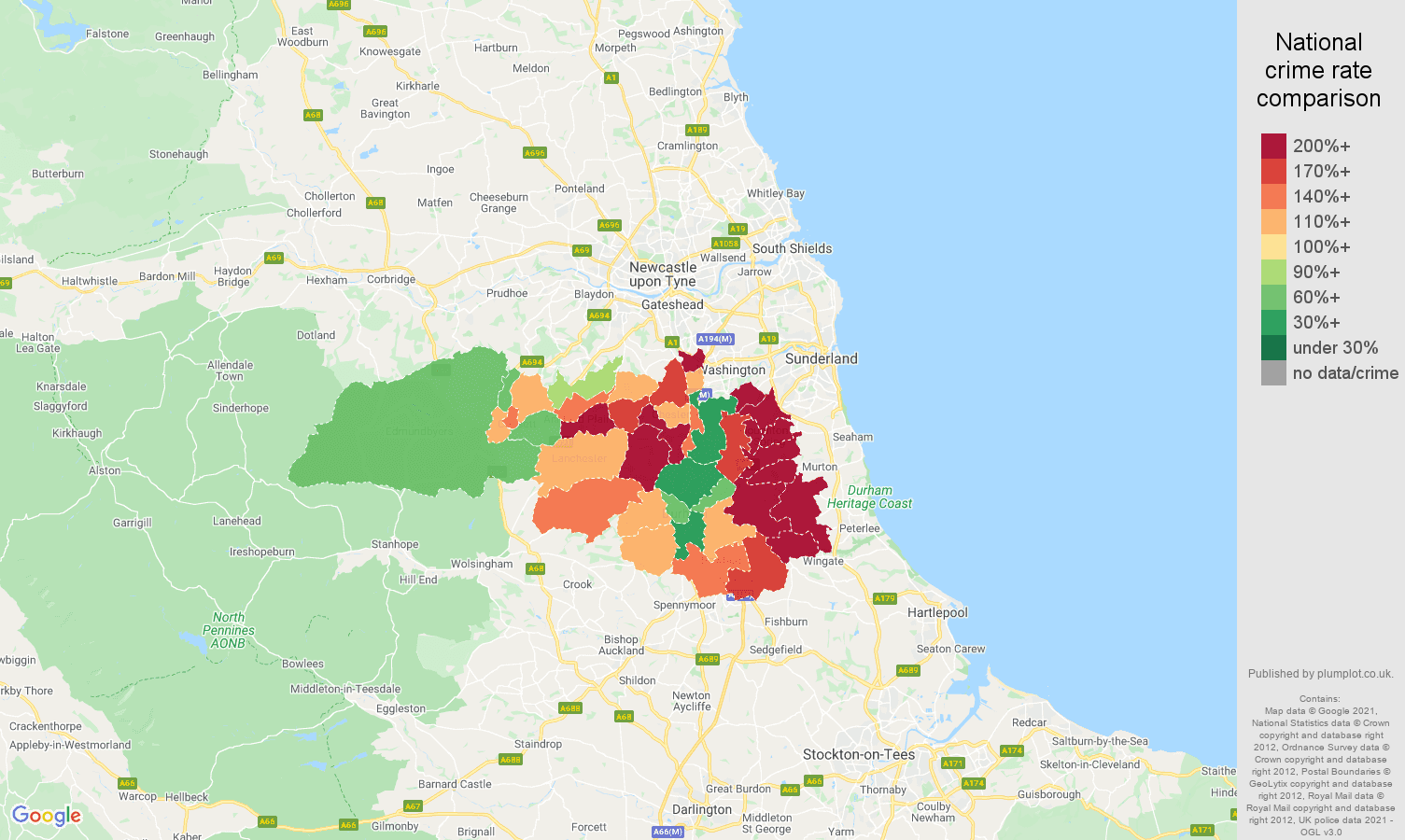 Durham criminal damage and arson crime rate comparison map