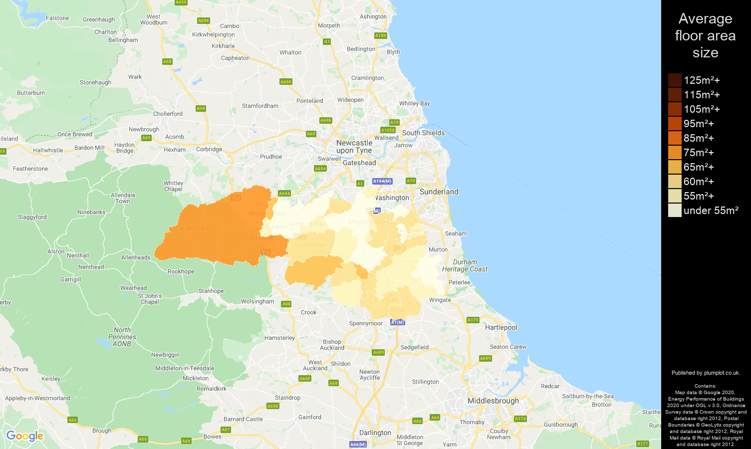 Durham map of average floor area size of flats
