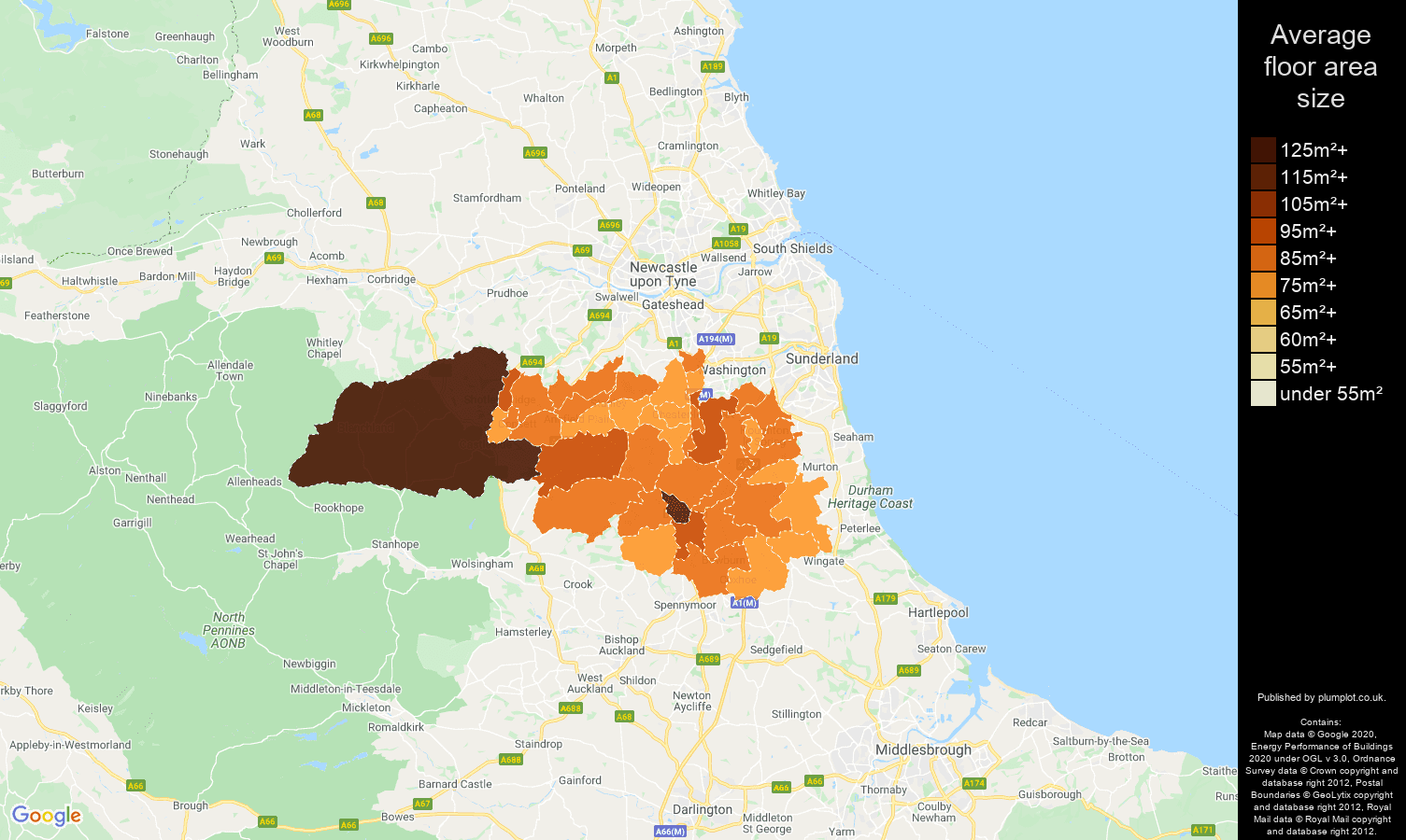 Durham map of average floor area size of properties