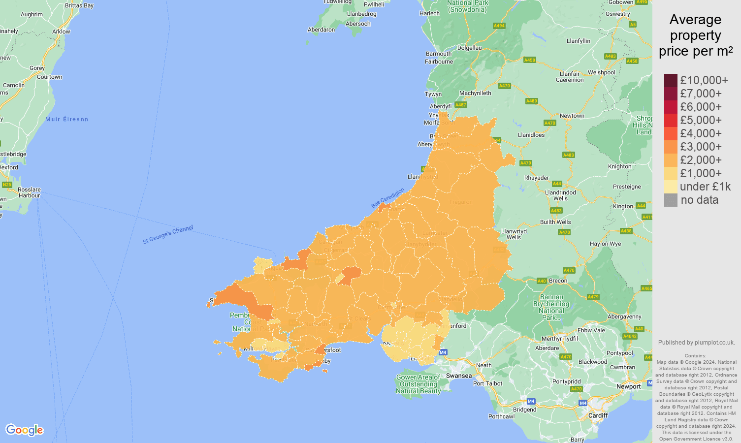 Dyfed house prices per square metre map