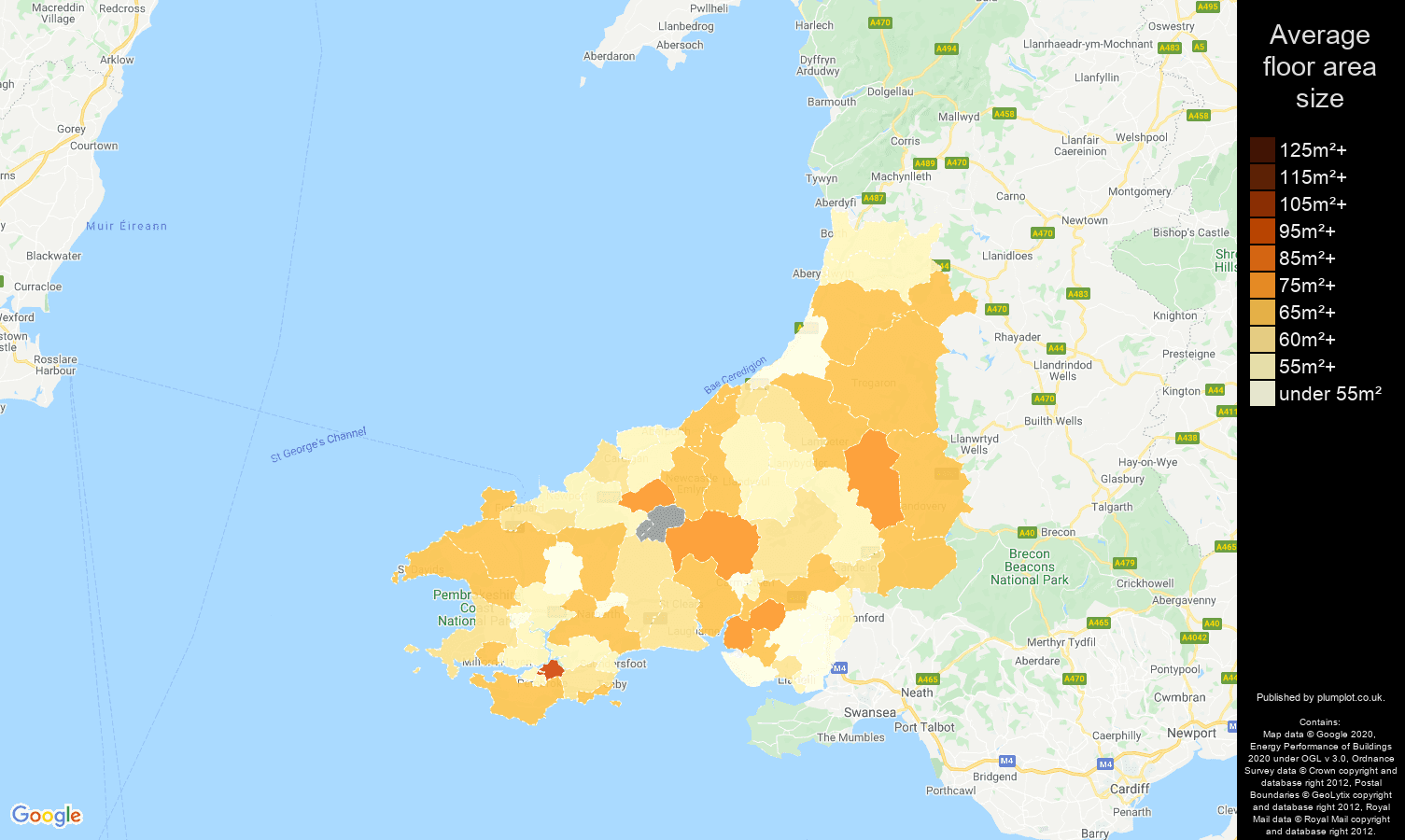 Dyfed map of average floor area size of flats