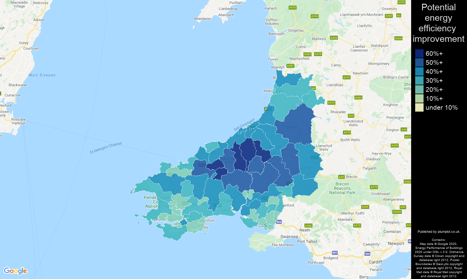 Dyfed map of potential energy efficiency improvement of houses