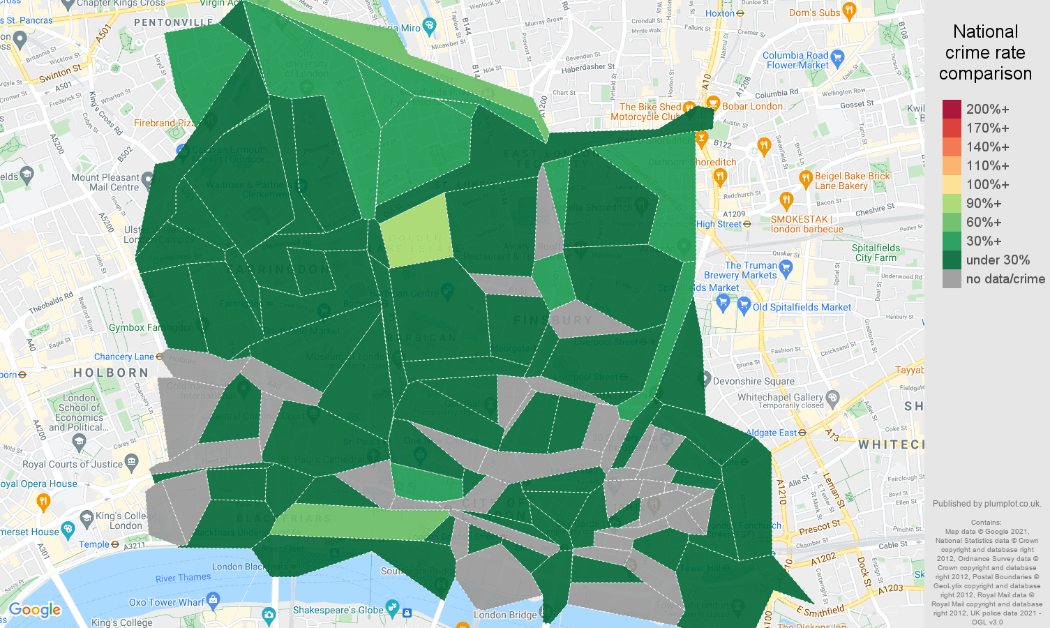 East Central London criminal damage and arson crime rate comparison map