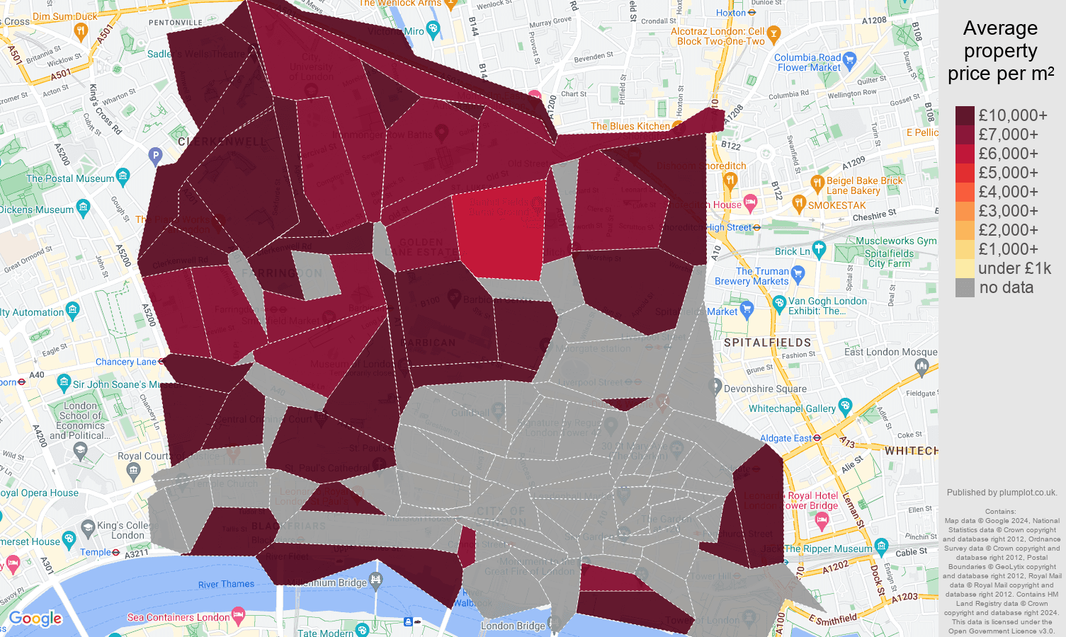 East Central London house prices per square metre map
