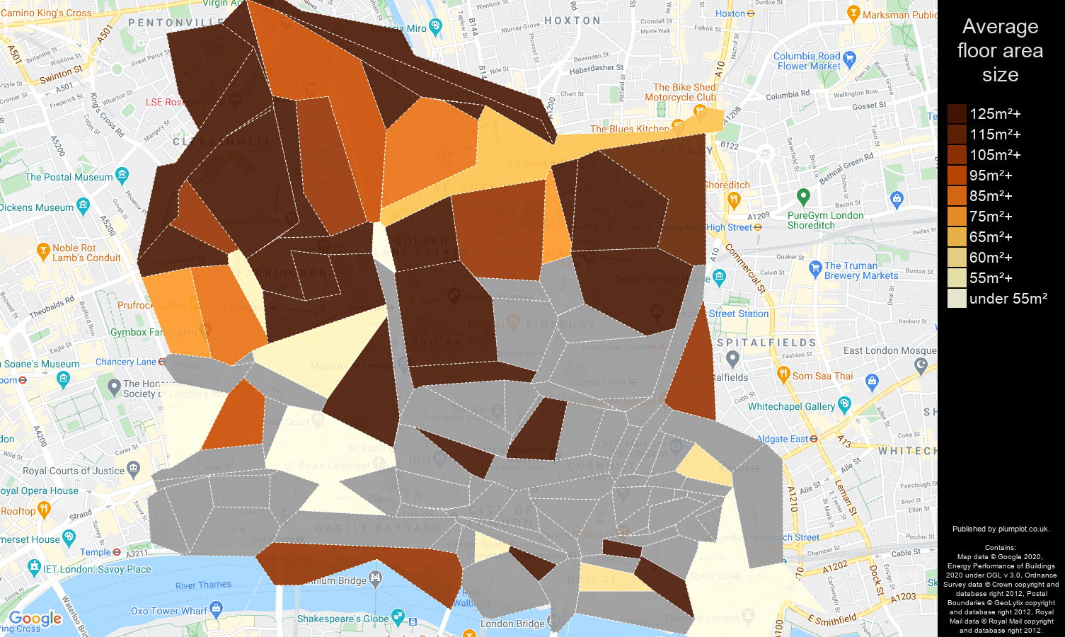 East Central London map of average floor area size of houses