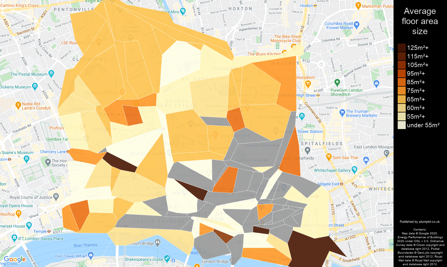 East Central London map of average floor area size of properties