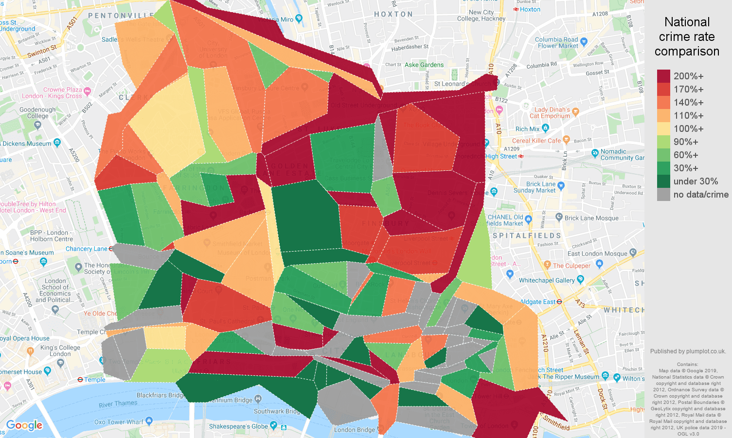 East Central London other theft crime rate comparison map