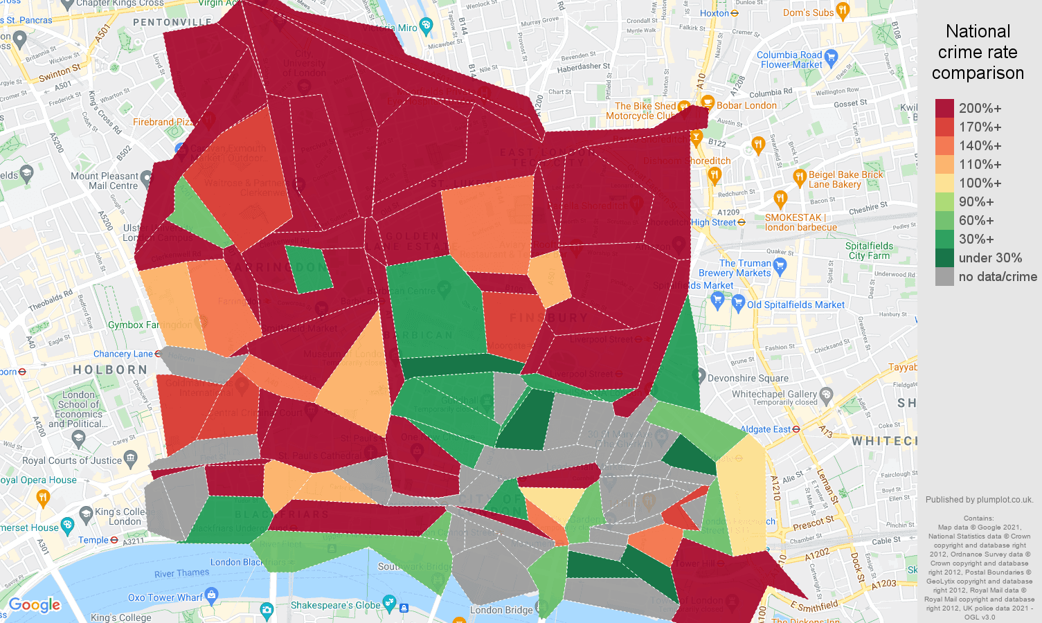 East Central London theft from the person crime rate comparison map