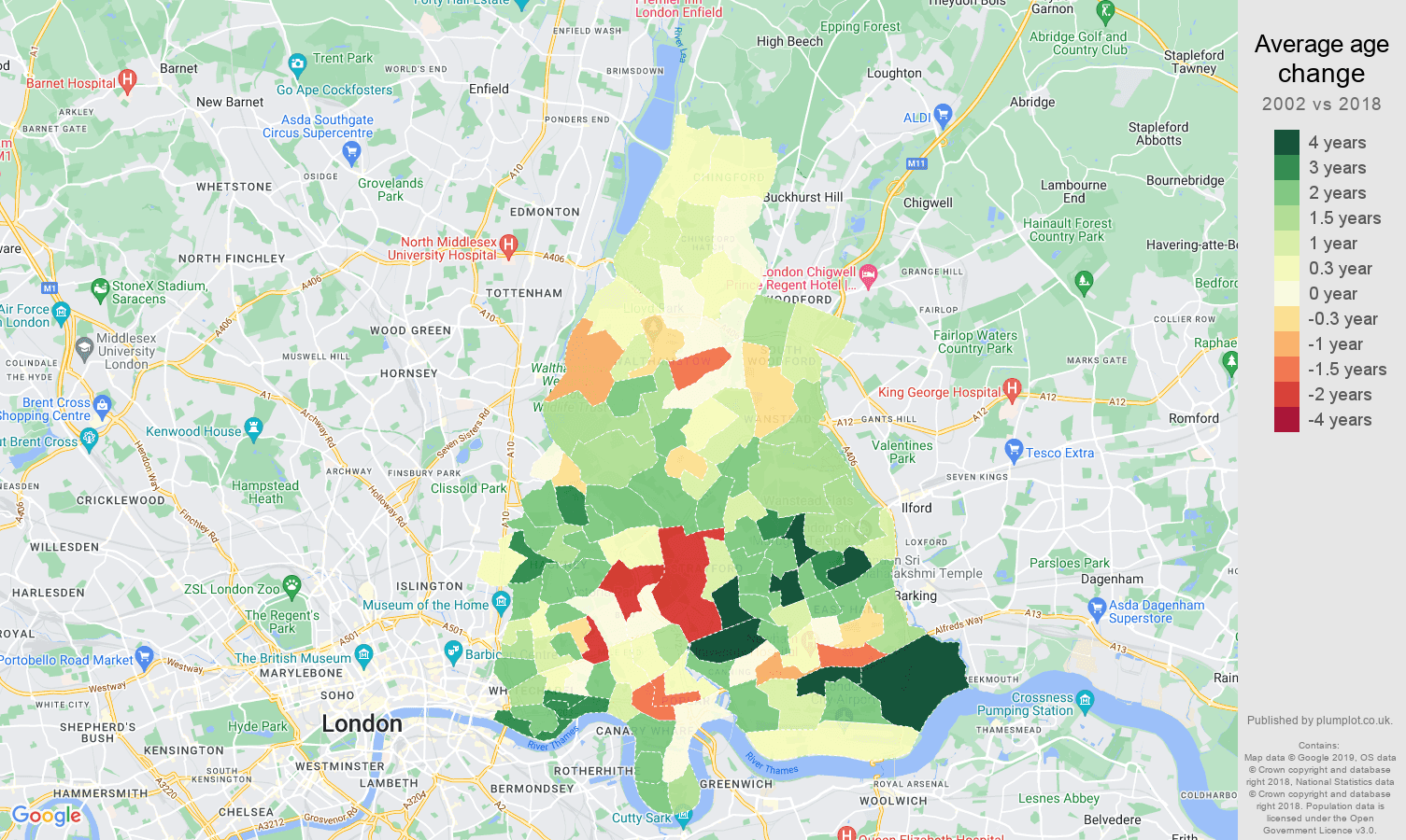 East London average age change map