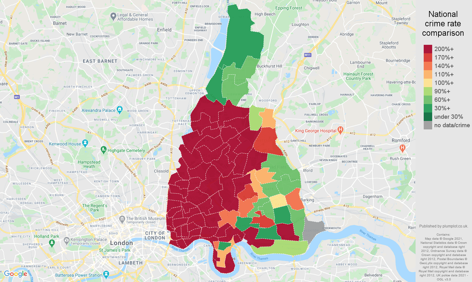 East London bicycle theft crime rate comparison map