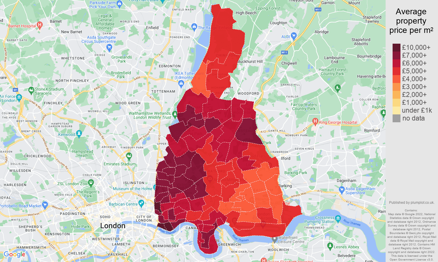 East London house prices per square metre map
