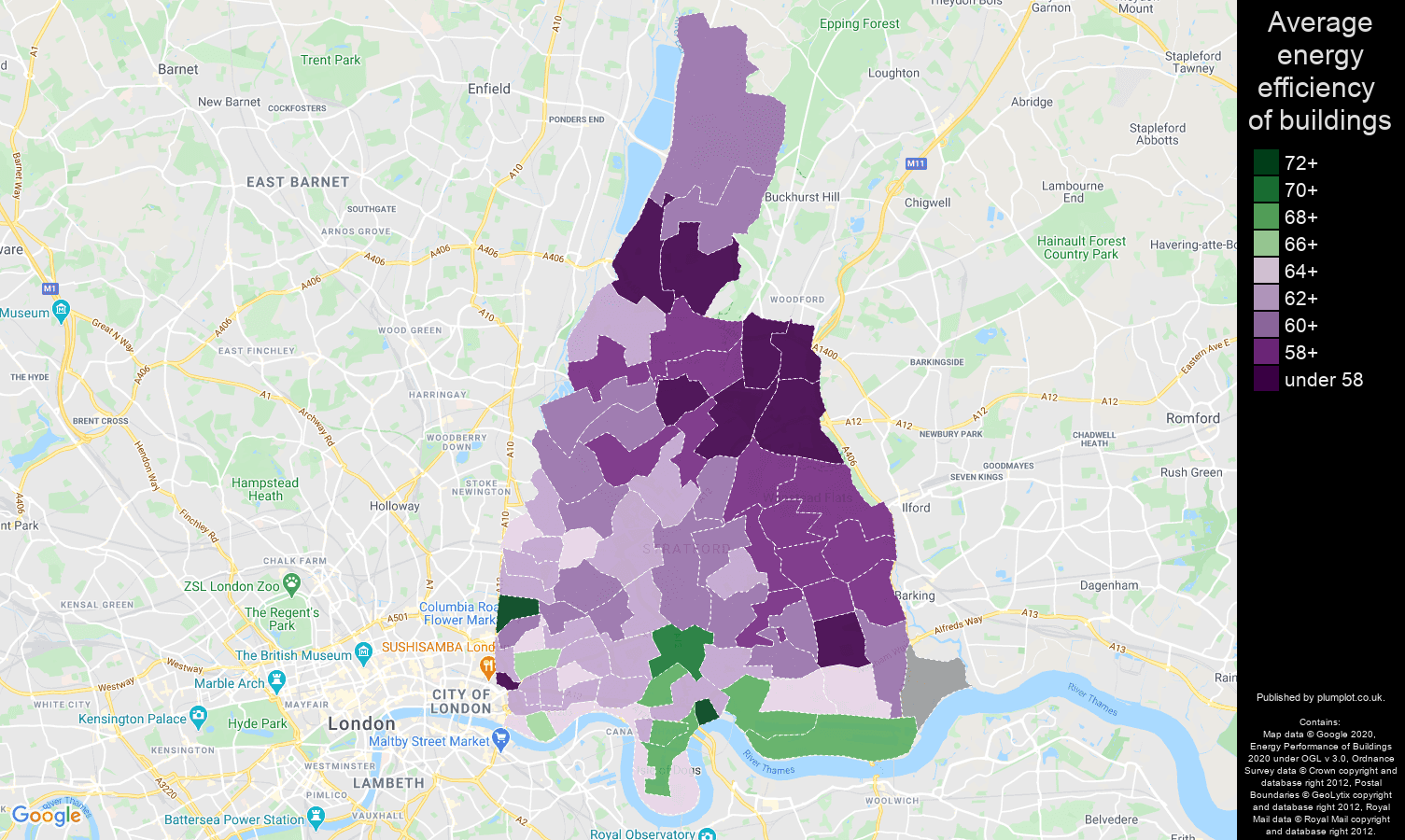 East London map of energy efficiency of houses