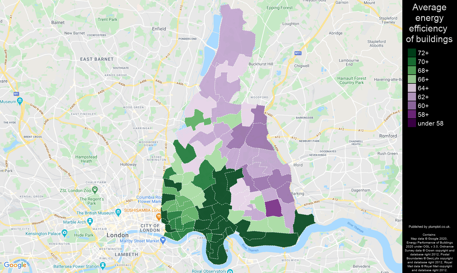 East London map of energy efficiency of properties