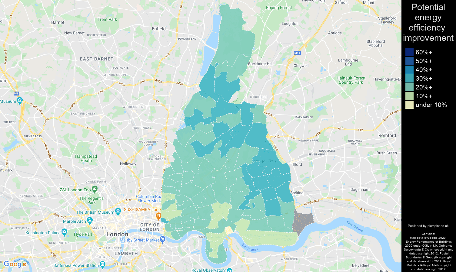 East London map of potential energy efficiency improvement of houses