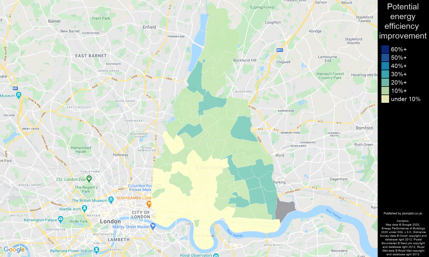 East London map of potential energy efficiency improvement of properties