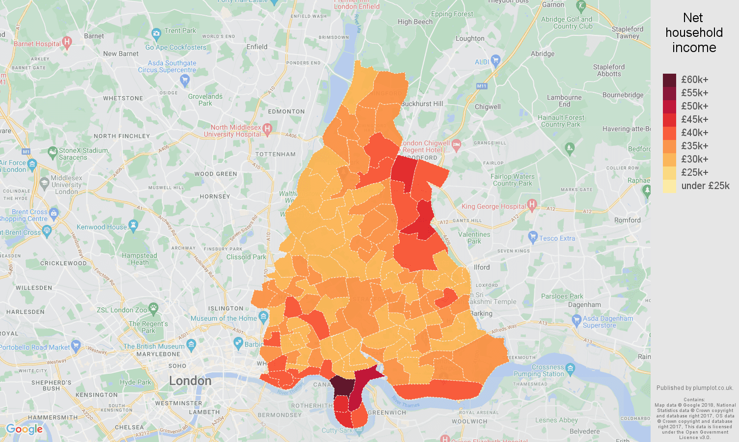 East London net household income map