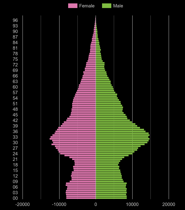 East London population pyramid by year