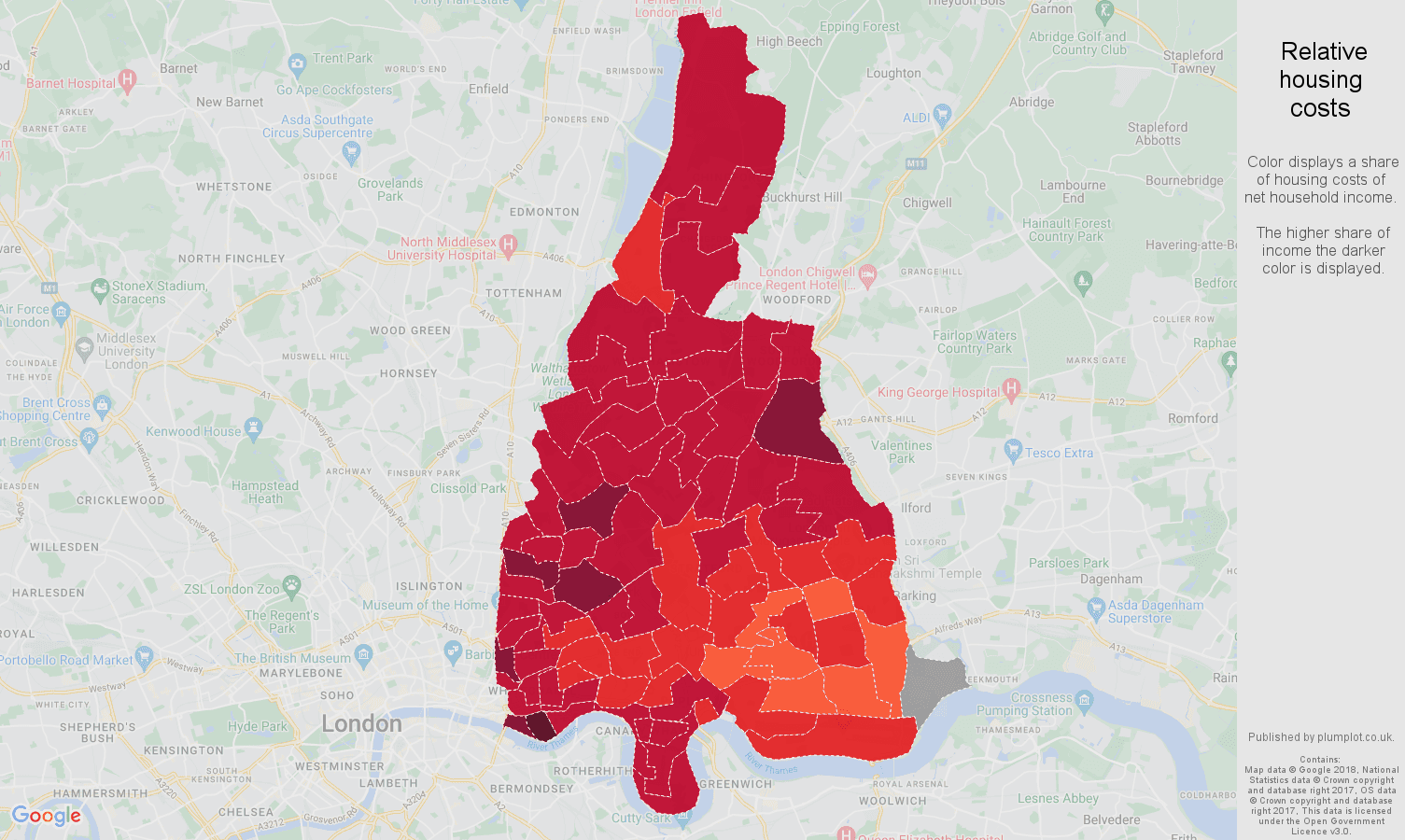 East London relative housing costs map