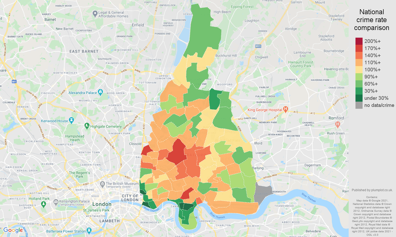 East London violent crime rate comparison map
