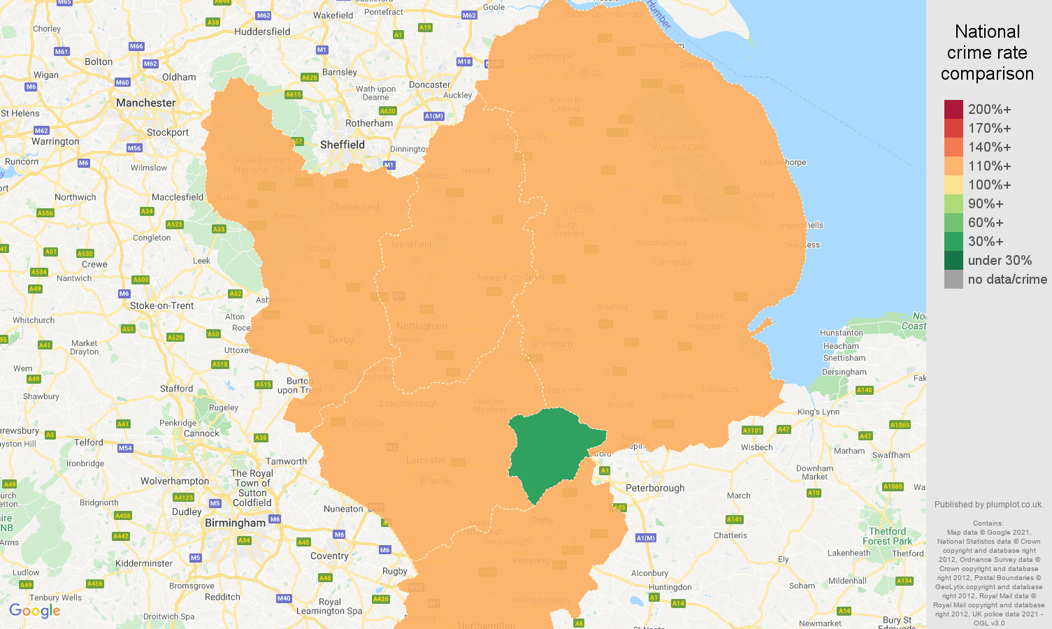 East Midlands criminal damage and arson crime rate comparison map