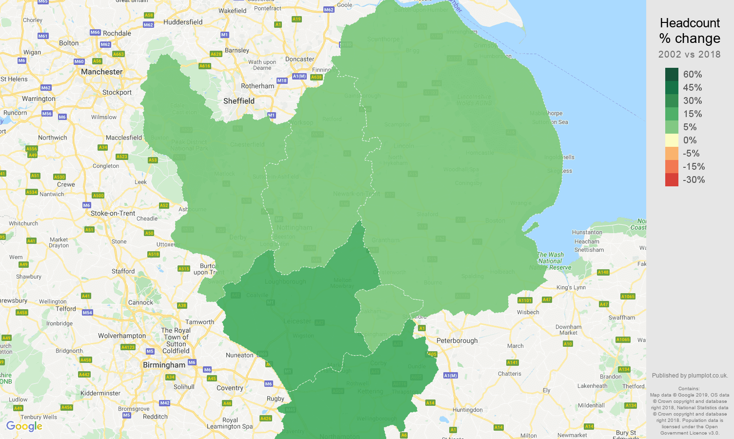East Midlands headcount change map