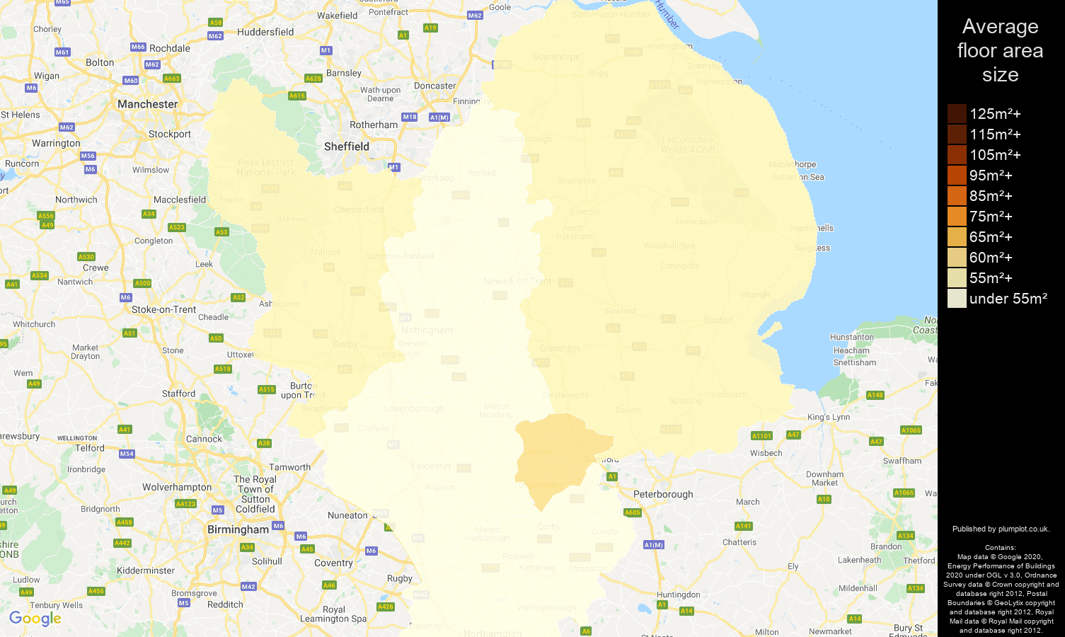 East Midlands map of average floor area size of flats