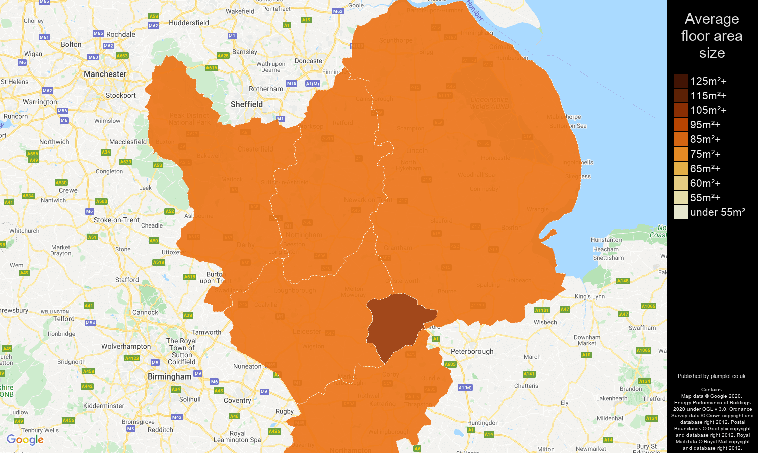 East Midlands map of average floor area size of properties