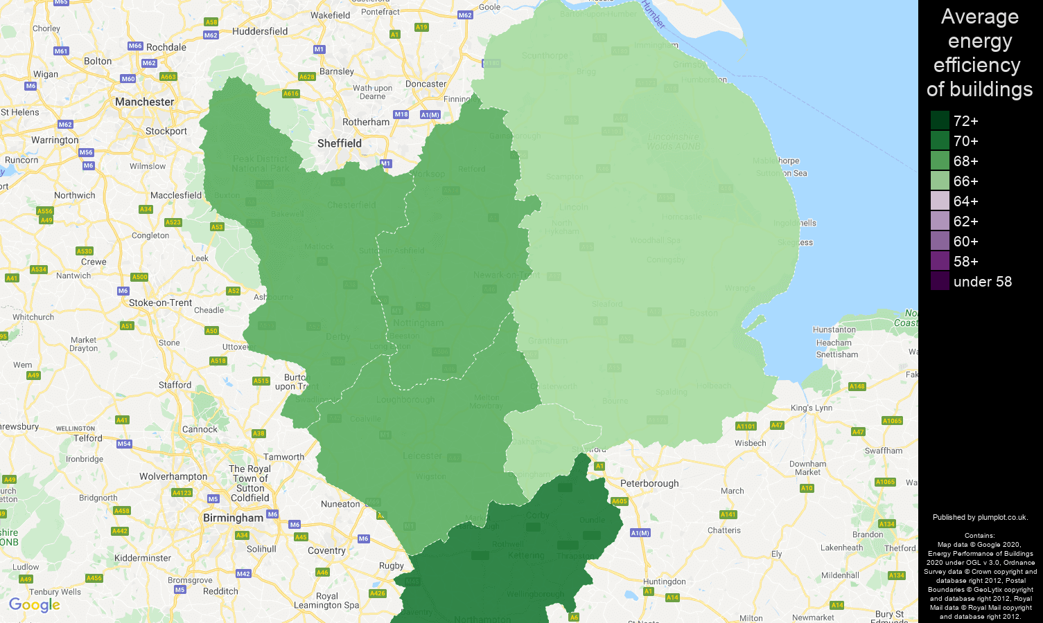 East Midlands map of energy efficiency of flats