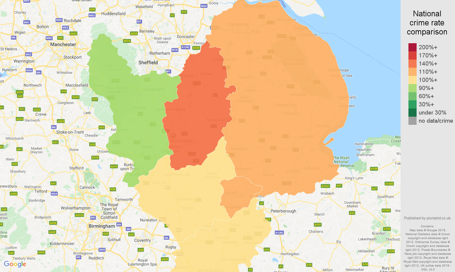 East Midlands other crime rate comparison map
