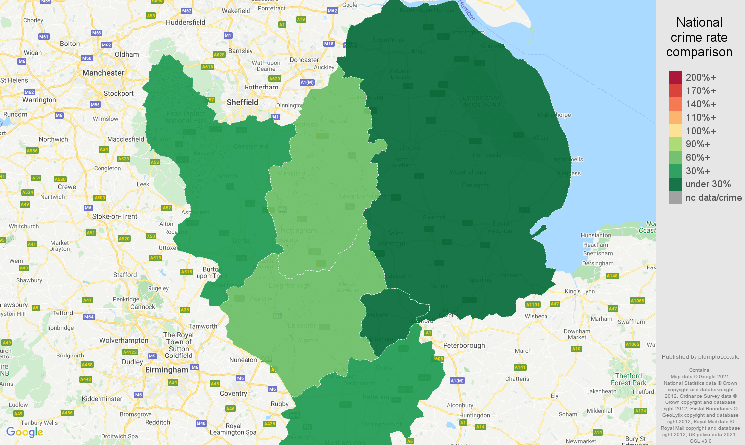 East Midlands theft from the person crime rate comparison map