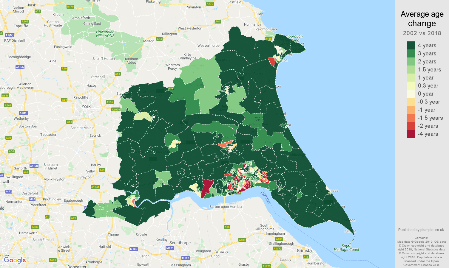 East Riding of Yorkshire average age change map