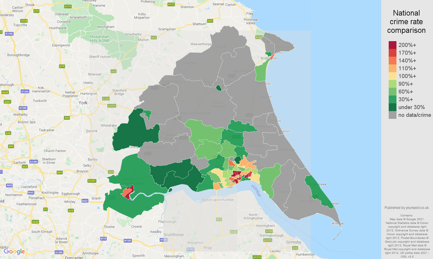 East Riding of Yorkshire bicycle theft crime rate comparison map