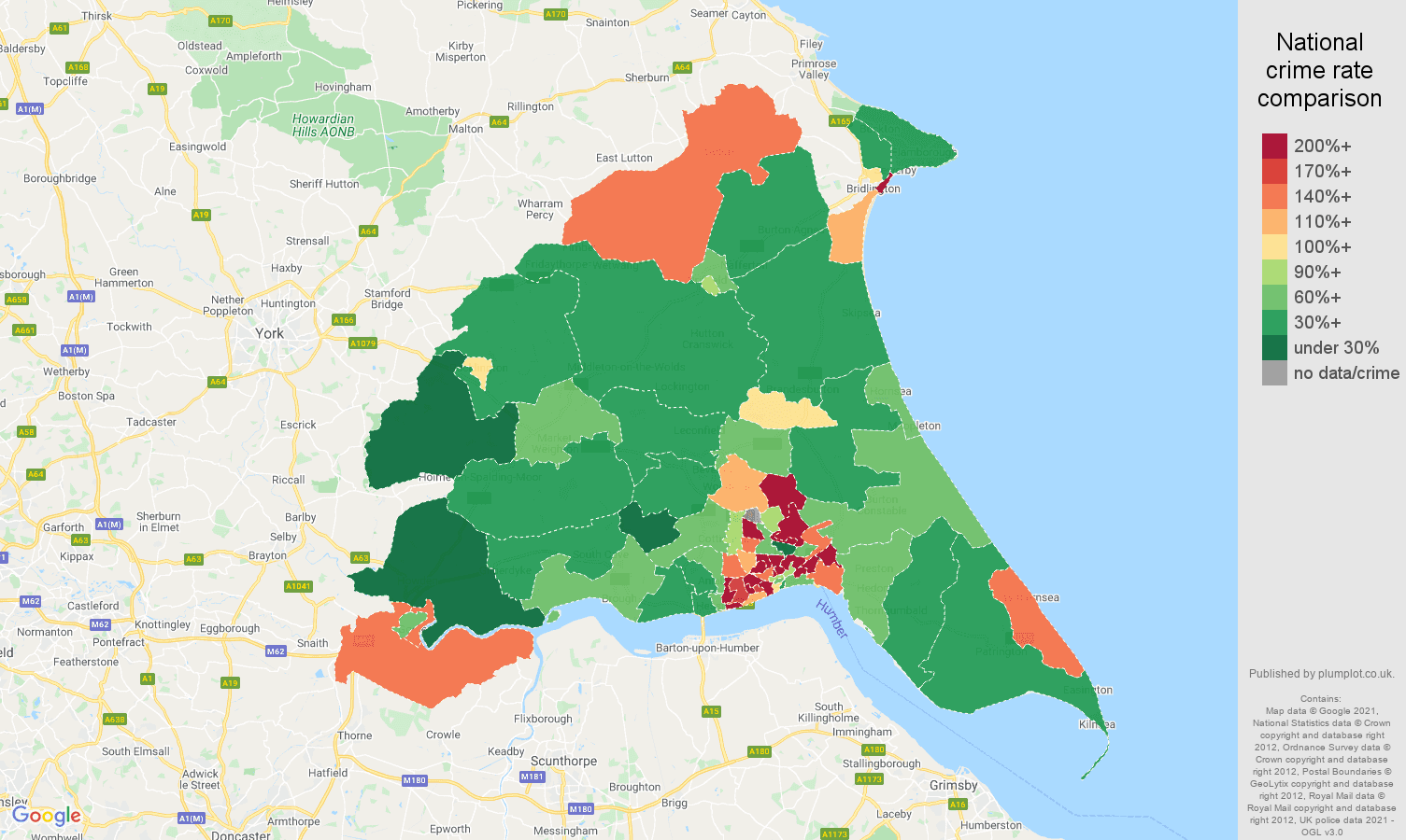 East Riding of Yorkshire criminal damage and arson crime rate comparison map