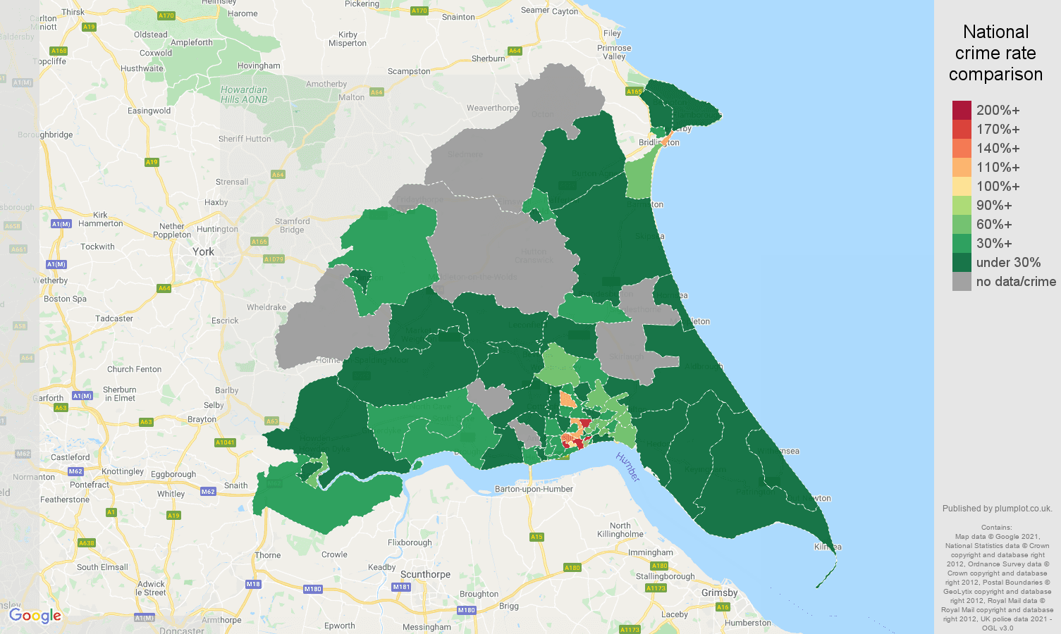 East Riding of Yorkshire drugs crime rate comparison map