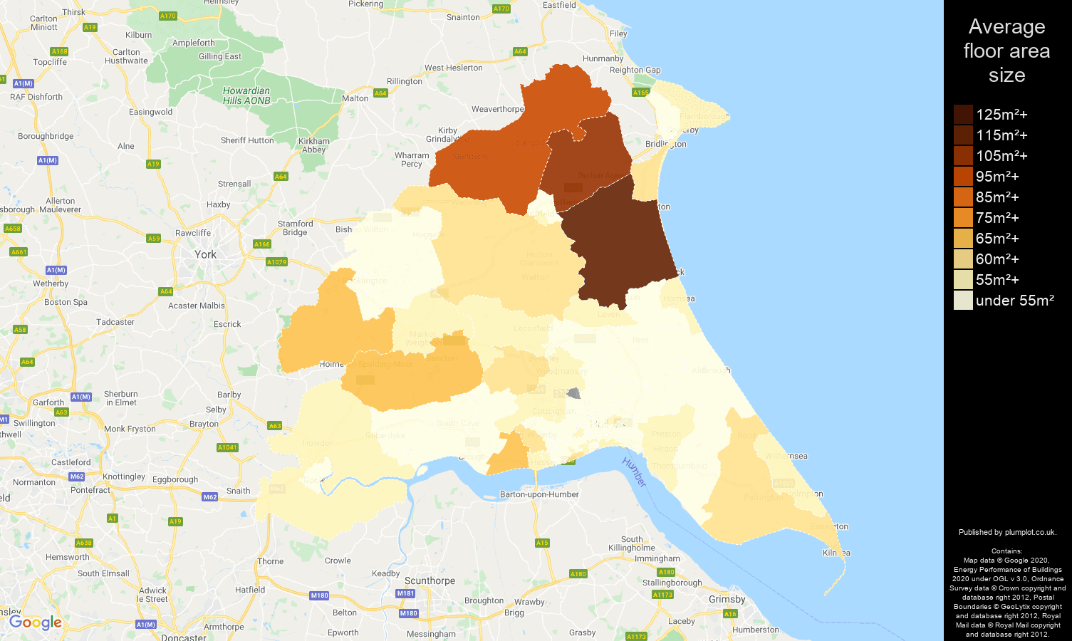 East Riding of Yorkshire map of average floor area size of flats