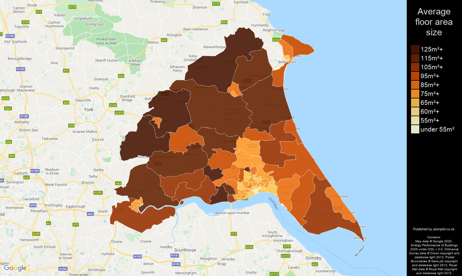 East Riding of Yorkshire map of average floor area size of properties