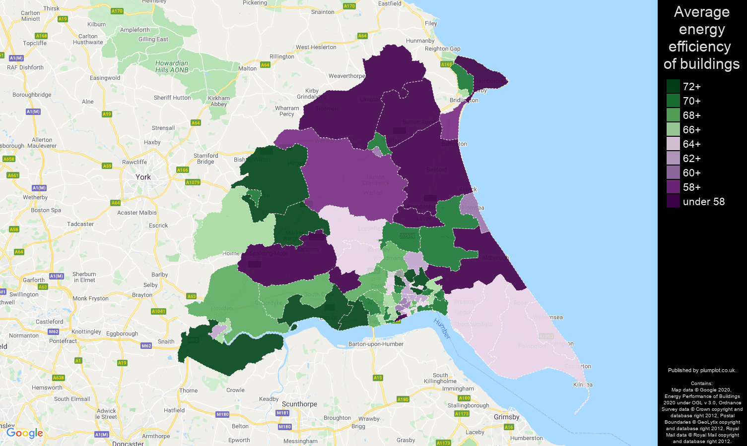 East Riding of Yorkshire map of energy efficiency of flats