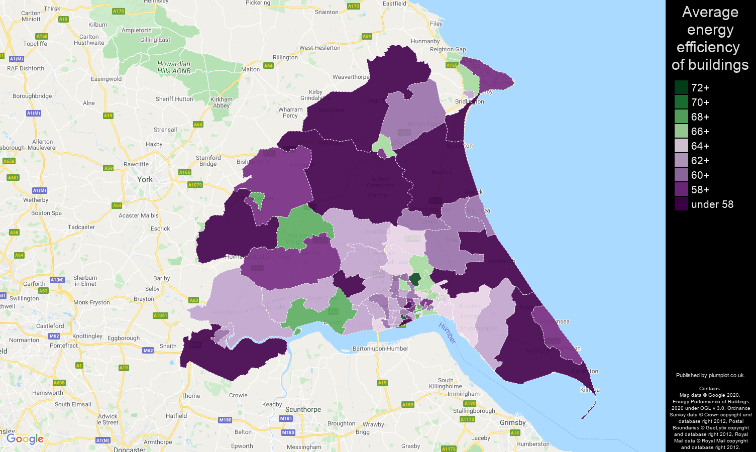 East Riding of Yorkshire map of energy efficiency of properties