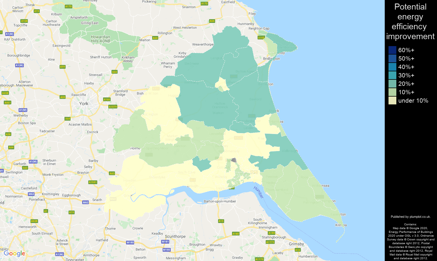 East Riding of Yorkshire map of potential energy efficiency improvement of flats